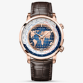 Agelocer World Time automatic watch, rose gold case with blue globe dial and city ring, brown leather strap, front