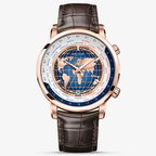 Agelocer World Time automatic watch, rose gold case with blue globe dial and city ring, brown leather strap, front