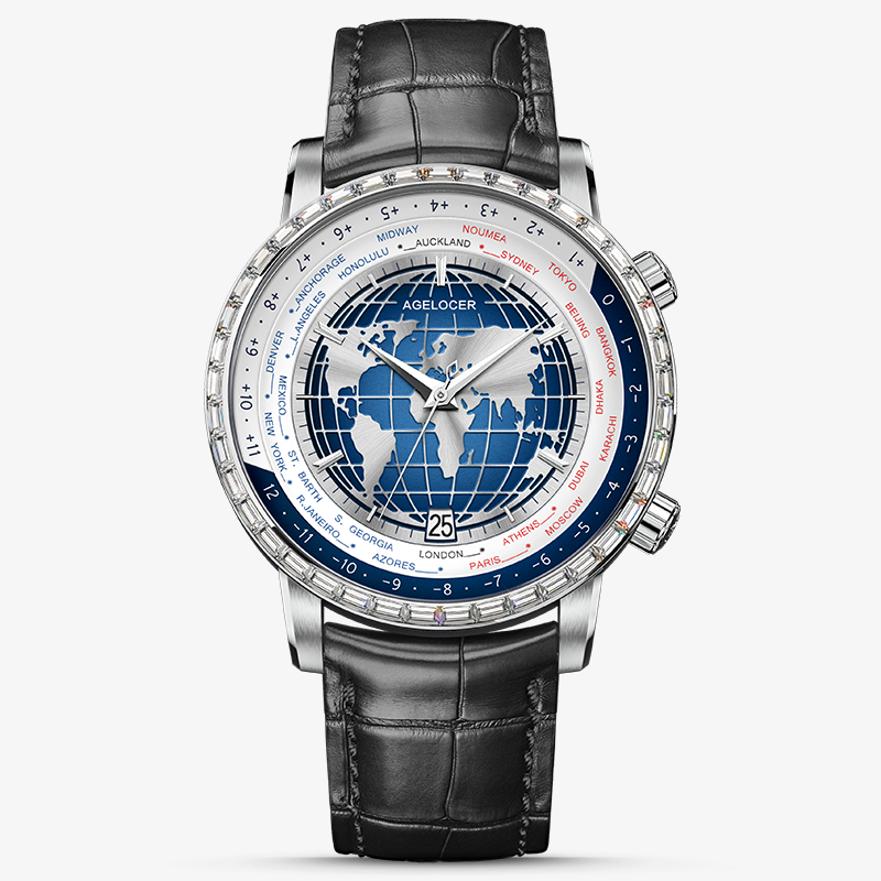 Agelocer World Time 5201E1 automatic watch, steel case with diamond-set bezel and blue world map dial, black strap