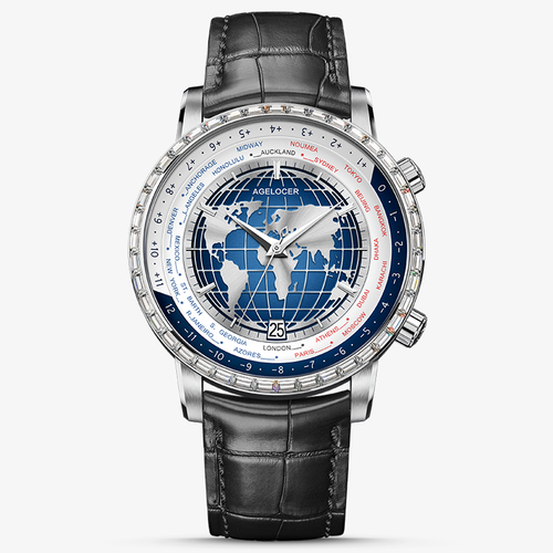 Agelocer World Time 5201E1 automatic watch, steel case with diamond-set bezel and blue world map dial, black strap