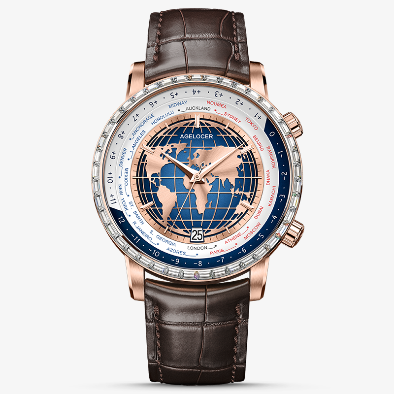 Agelocer World Time 5201F2 automatic watch, rose gold case with diamond-set bezel and blue globe dial, brown strap