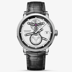 Agelocer Space Station automatic watch with skeleton hands, white dial and black ring, steel case, black leather strap
