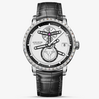 Agelocer Space Station diamond automatic watch, white and black skeleton dial, diamond bezel, steel case, black leather