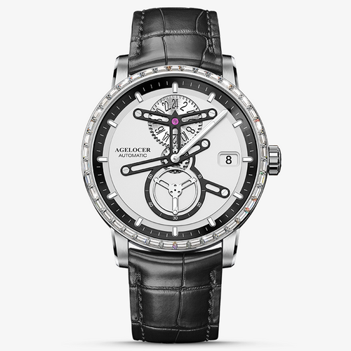 Agelocer Space Station diamond automatic watch, white and black skeleton dial, diamond bezel, steel case, black leather