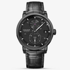 Agelocer Space Station automatic watch, black dial and black case with open skeleton hands, black leather strap, front