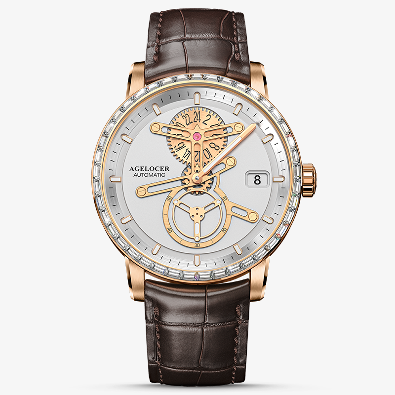 Agelocer Space Station diamond automatic watch, white skeleton dial, diamond bezel, rose gold case, brown leather