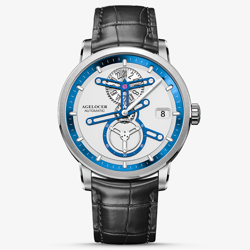 Agelocer Space Station automatic watch with skeleton hands, white dial and blue ring, steel case, black leather strap