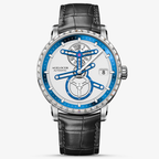 Agelocer Space Station diamond automatic watch, white and blue skeleton dial, diamond bezel, steel case, black leather