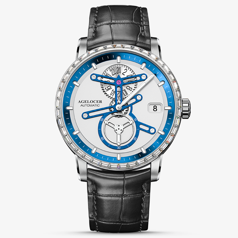 Agelocer Space Station diamond automatic watch, white and blue skeleton dial, diamond bezel, steel case, black leather
