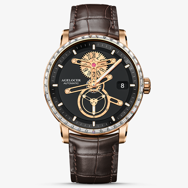 Agelocer Space Station diamond automatic watch, black skeleton dial, diamond bezel, rose gold case, brown leather
