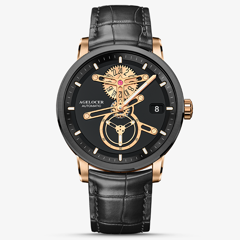 Agelocer Space Station automatic watch, black dial with rose gold skeleton hands, black case, black leather strap