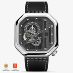 Agelocer Racing Square automatic skeleton watch, steel case, black dial and black leather strap, front view