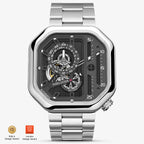 Agelocer Racing Square automatic skeleton watch, steel case, silver dial and steel bracelet, front view