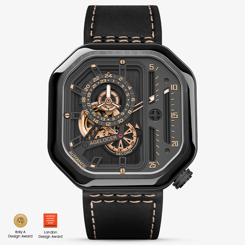 Agelocer Racing Square automatic skeleton watch, black case and dial on black leather strap, front view