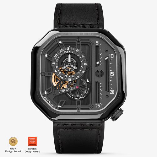 Agelocer Racing Hollow automatic skeleton watch, black square case and dial, black leather strap, front view