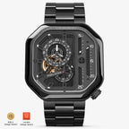 Agelocer Racing Square automatic skeleton watch, black octagonal case, black dial and steel bracelet, front view