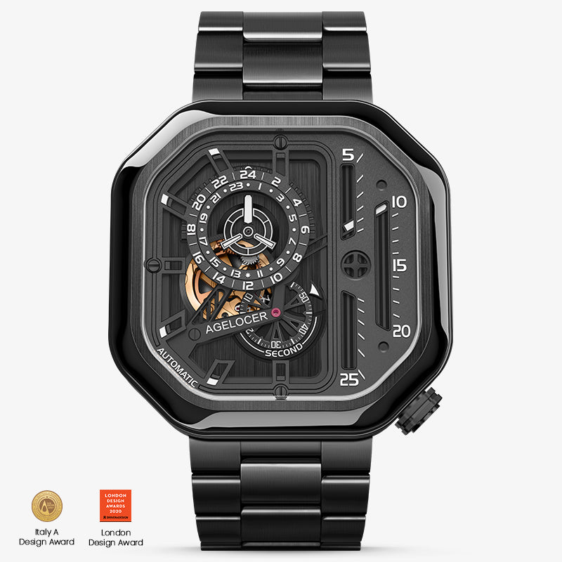 Agelocer Racing Square automatic skeleton watch, black octagonal case, black dial and steel bracelet, front view