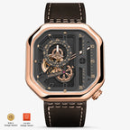 Agelocer Racing Square automatic skeleton watch, rose gold case, black dial and brown leather strap, front