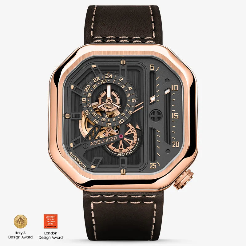 Agelocer Racing Square automatic skeleton watch, rose gold case, black dial and brown leather strap, front
