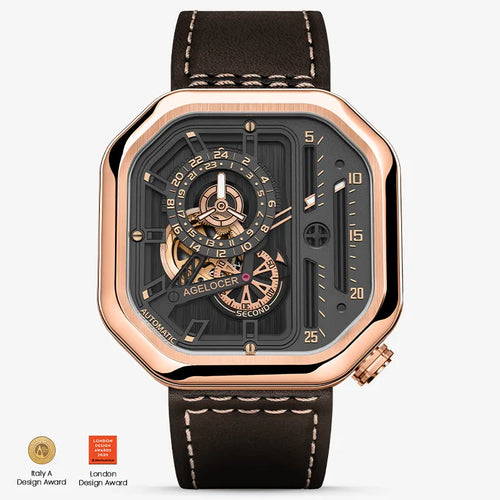 Agelocer Racing Square automatic skeleton watch, rose gold case, black dial and brown leather strap, front