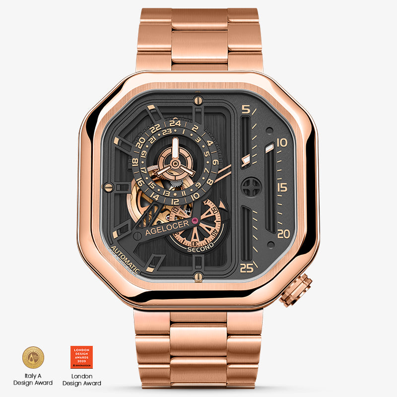 Agelocer Racing Square automatic skeleton watch, rose gold case, gold dial and matching steel bracelet, front