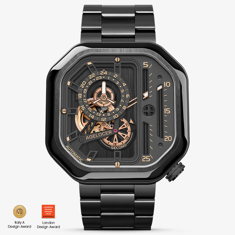 Agelocer Racing Square automatic skeleton watch, black case with gold-accent dial and steel bracelet, front