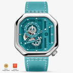 Agelocer Racing large-dial women's automatic watch, steel square case, teal dial and leather strap, front view
