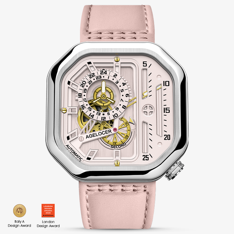 Agelocer Racing large-dial women's automatic watch, steel square case, pink dial and leather strap, front view