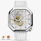 Agelocer Racing large-dial women's automatic watch, steel square case, white dial and leather strap, front view
