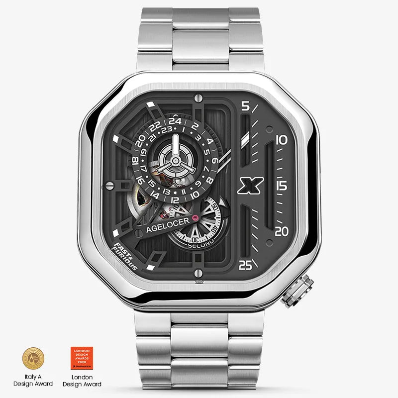 Agelocer Racing Fast & Furious men's automatic watch, steel case, silver skeleton dial and steel bracelet