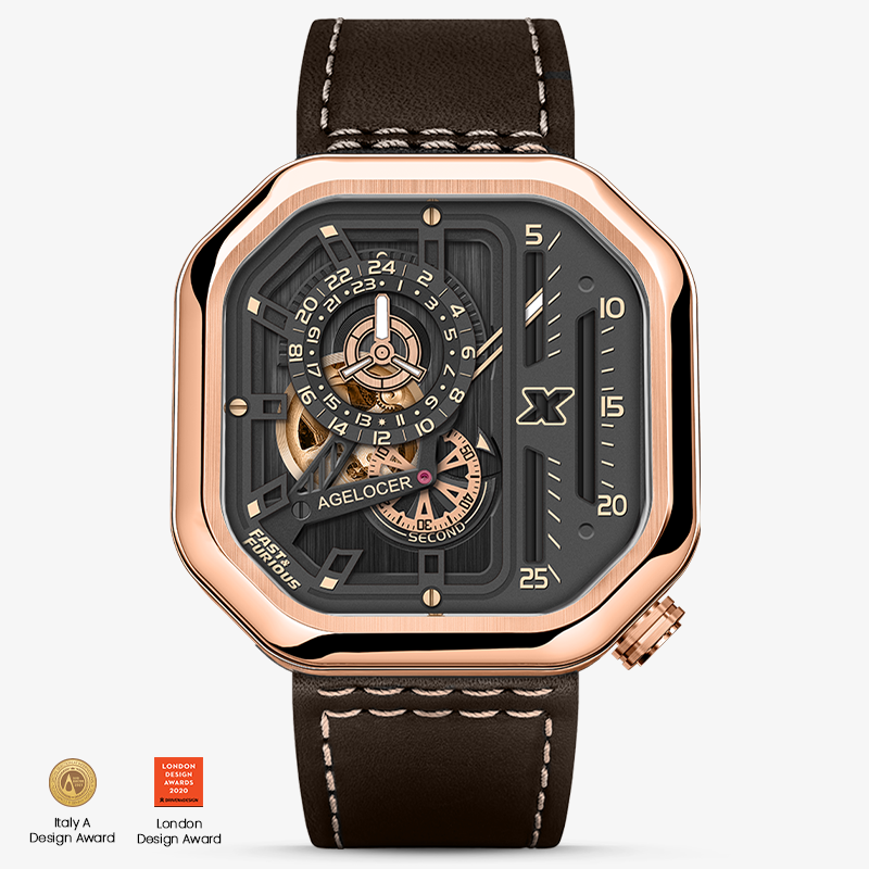 Agelocer Racing Fast & Furious automatic watch, rose gold case, brown leather strap, front