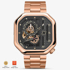 Agelocer Racing Fast & Furious men's automatic watch, rose gold case, gold skeleton dial and matching bracelet