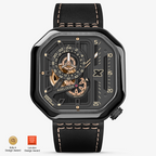 Agelocer Racing Fast & Furious automatic watch, black case, gold accents, black leather, front