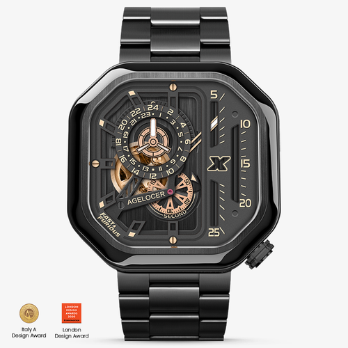 Agelocer Racing Fast & Furious men's automatic watch, black case, gold-accented skeleton dial, steel bracelet