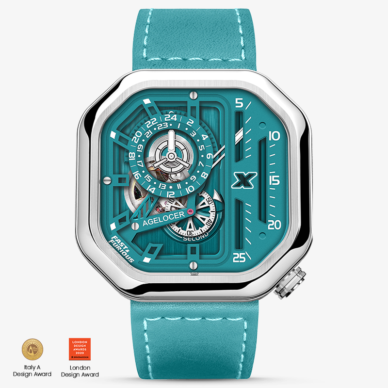 Agelocer Racing Fast & Furious 5815A5-R women's automatic watch, teal skeleton dial, steel case, teal leather strap