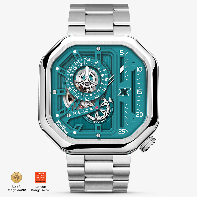 Agelocer Racing Fast & Furious women's automatic watch, teal skeleton dial, steel octagonal case and bracelet