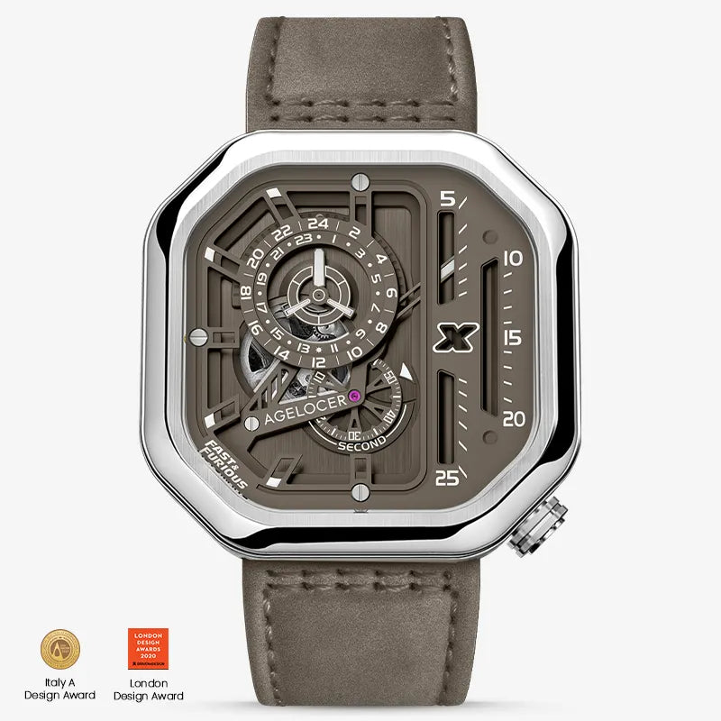 Agelocer Racing Fast & Furious automatic watch, steel case, warm brown leather strap, front view