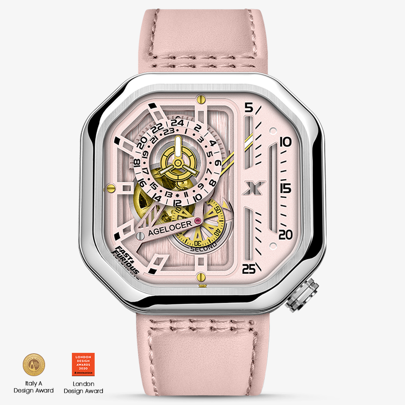 Agelocer Racing Fast & Furious 5818A8-R women's automatic watch, pink skeleton dial, steel case, pink leather strap