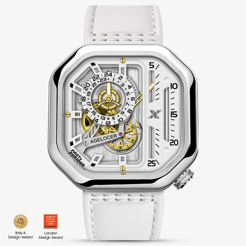 Agelocer Racing Fast & Furious 5819A10-R women's automatic watch, silver-white skeleton dial, steel case, white strap