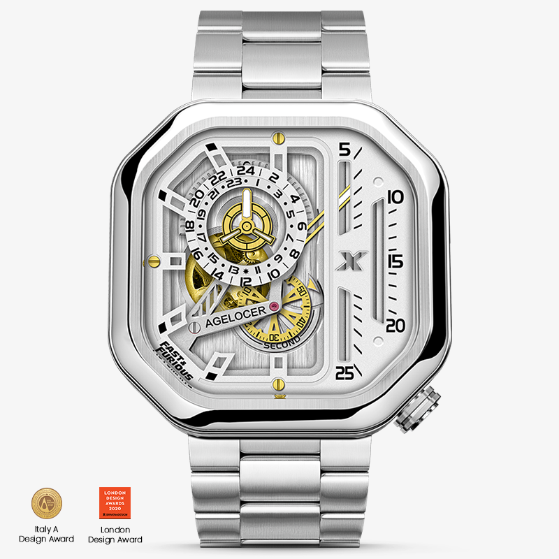 Agelocer Racing Fast & Furious women's automatic watch, silver-white skeleton dial, steel case and bracelet