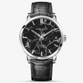 Agelocer Baikal automatic watch, black marble dial with date, steel case, black leather strap, 80-hour power, front