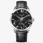 Agelocer Baikal automatic watch, black marble dial with date, steel case, black leather strap, 80-hour power, front