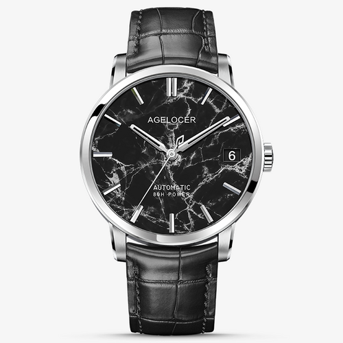 Agelocer Baikal automatic watch, black marble dial with date, steel case, black leather strap, 80-hour power, front