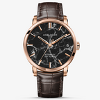 Agelocer Baikal automatic watch, black marble dial with date, rose gold case, brown leather strap, front