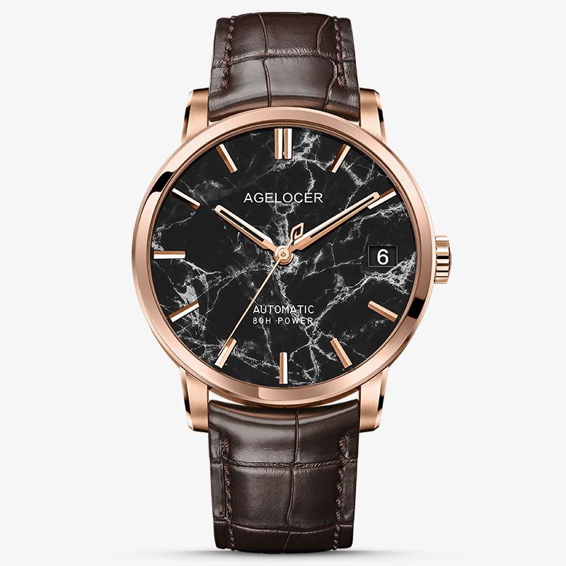 Agelocer Baikal automatic watch, black marble dial with date, rose gold case, brown leather strap, front