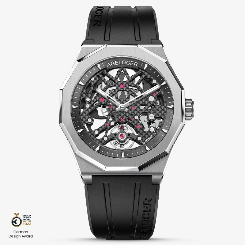 Agelocer Schwarzwald men's automatic skeleton watch, steel silver case and black rubber strap, open-worked dial, front view