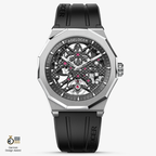 Agelocer Schwarzwald men's automatic skeleton watch, steel silver case and black rubber strap, open-worked dial, front view