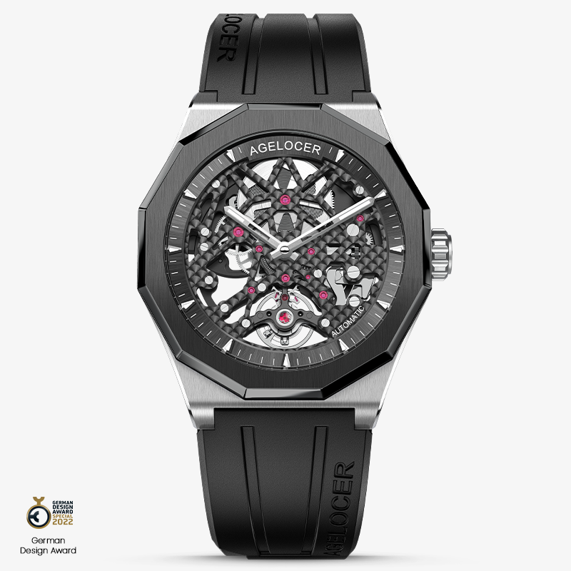 Agelocer Schwarzwald automatic skeleton watch, two-tone silver and black case with rubber strap, open-worked dial, front view
