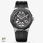 Agelocer Schwarzwald automatic skeleton watch, two-tone silver and black case with rubber strap, open-worked dial, front view