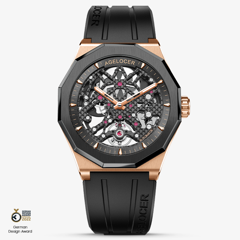 Agelocer Schwarzwald automatic skeleton watch, rose gold bezel and black rubber strap, open-worked dial, front view